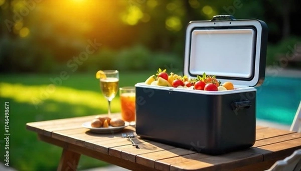 Fototapeta Sleek Modern Electric Cooler on Patio Table, Ready for a Picnic Perfect for Outdoor Entertaining and Keeping Food & Drinks Ice Cold on a Hot Summer Day