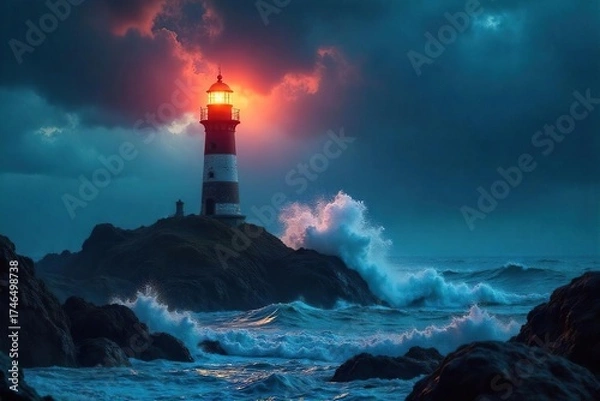 Fototapeta Lighthouse Braving a Furious Storm Beacon of Hope in Tempestuous Night