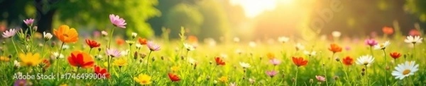 Fototapeta Vibrant Wildflowers in Full Bloom A Sun-Drenched Spring Meadow, Idyllic Rural Scene, Tranquil Nature Photography Perfect for Spring Backgrounds and Nature Projects