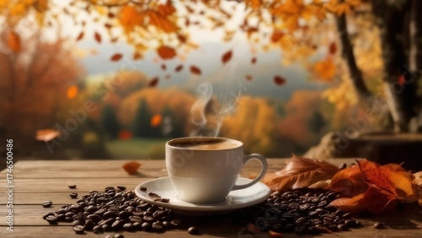 Obraz Steaming Coffee Cup on Wooden Table with Autumn Leaves and Scenic Fall Background.