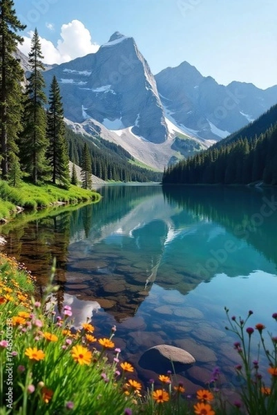 Fototapeta Majestic Colorado Mountain Lake Serene Reflection, Lush Evergreens, Wildflowers, Crystal Clear Water, Ideal for Relaxation and Adventure