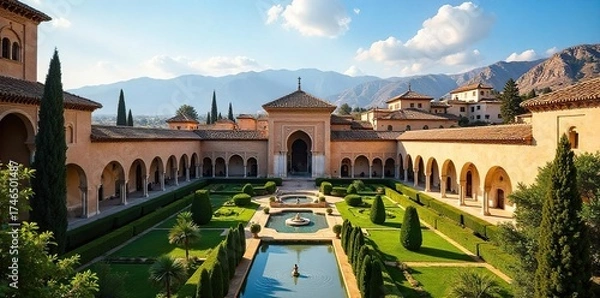 Fototapeta Alhambra Palace Sunlit Moorish Architecture and Lush Gardens in Andalusia, Spain. A breathtaking display of Islamic artistry, showcasing intricate details and stunning views.