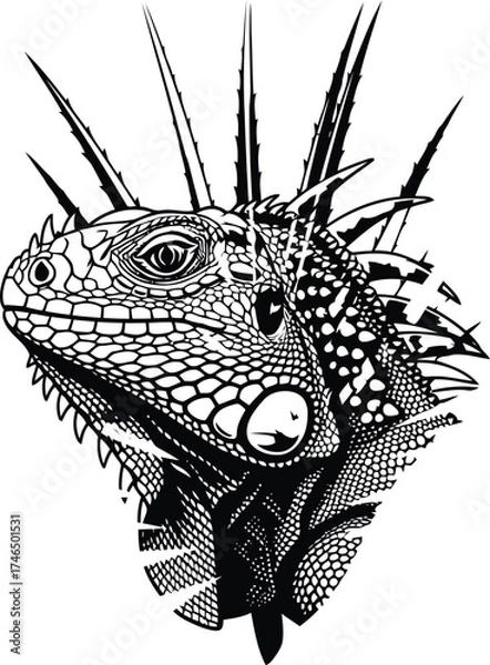 Fototapeta Detailed Black and White Illustration of an Iguana Head with Spikes and Scales reptile lizard