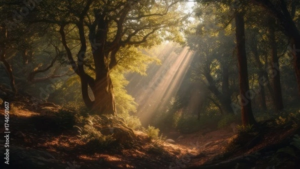 Obraz Sunlight streams through the forest canopy, illuminating the woodland path.