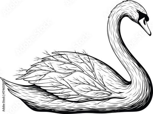 Fototapeta Elegant Black and White Illustration of a Swan with Intricate Branch-like Feather Details Keywords: swan, bird, waterfowl, elegant, graceful, majestic, nature, wildlife, illustration, black and