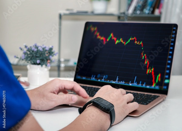 Obraz A Modern Trader Monitoring Stock Charts, Digital Currencies, and Market Trends to Drive Smart Investment Decisions