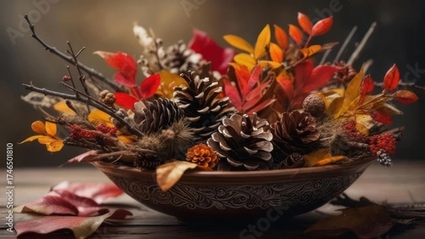 Fototapeta Autumnal Bowl - A Festive Display of Pinecones and Colorful Leaves.