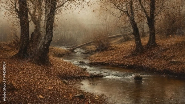 Obraz Serene Creek Flowing Through a Moody Autumnal Woodland.