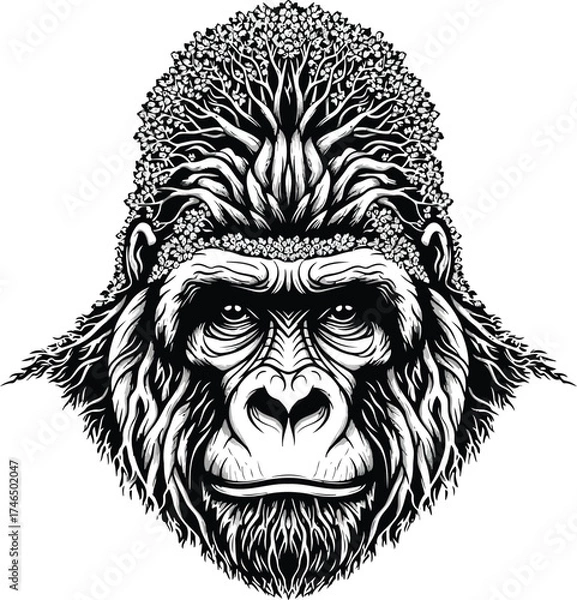 Fototapeta Gorilla Portrait with Tree Branches and Blossoms Forming Hair and Crown on White Background primate