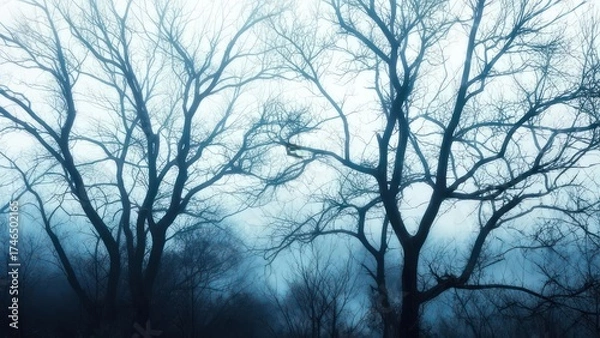 Fototapeta Ethereal Winter Forest Scene - Bare Trees Silhouetted Against Misty Sky.