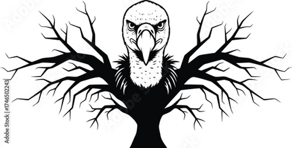 Fototapeta Intense black and white illustration of a vulture's head with outstretched wings resembling bare tree branches