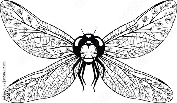 Fototapeta Intricate Line Art Dragonfly with Detailed Wing Veins and Leaf Motifs on White Background insect wings