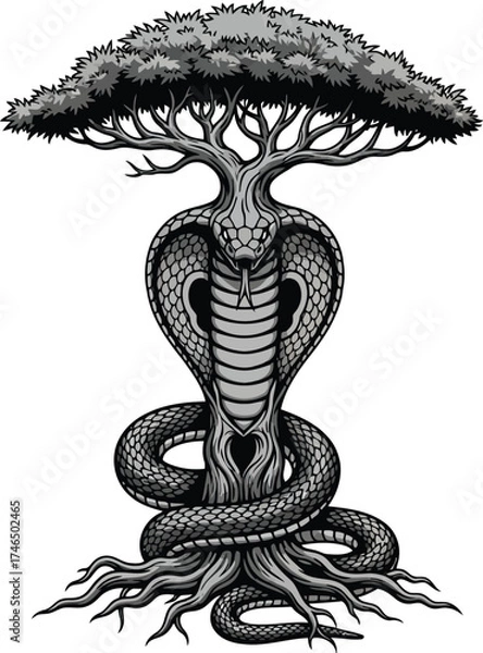 Fototapeta Majestic Cobra Tree Hybrid With Intricate Root System And Lush Foliage In Monochromatic Tones snake