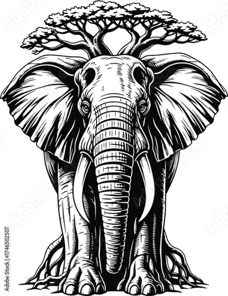 Fototapeta Majestic Elephant with Tree Trunk Body and Canopy of Leaves on White Background animal wildlife