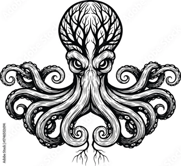Fototapeta Intricate black and white illustration of an octopus head with a tree growing from its skull and swirling tentacles on a white background