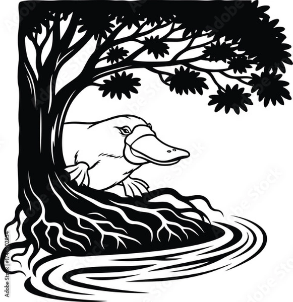 Fototapeta Platypus peeking from behind a stylized tree with intricate roots by the water animal mammal