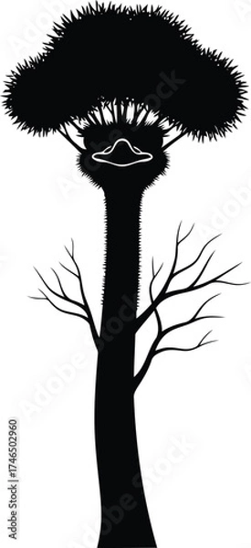 Fototapeta Silhouette of a tall, spiky tree with a distinctive face-like shape in the trunk black and white