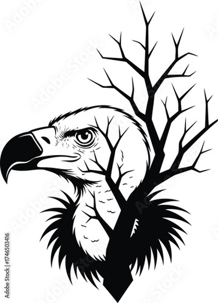 Fototapeta Stylized black and white illustration of a vulture's head emerging from a bare tree trunk and branches, creating a striking silhouette