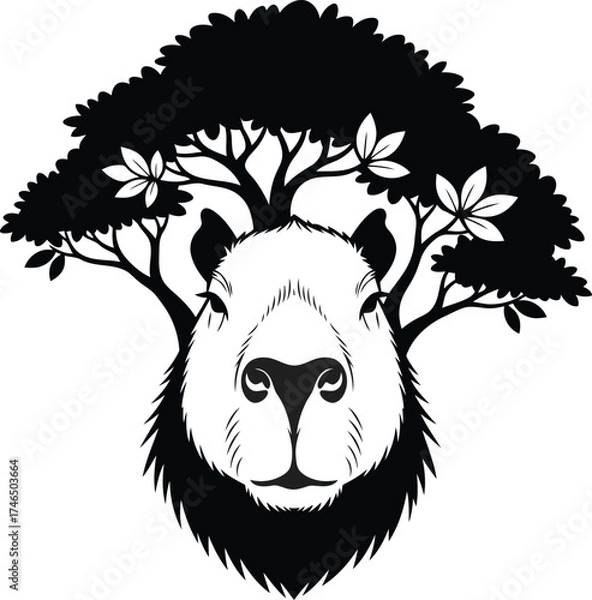 Fototapeta Stylized black and white portrait of a capybara's face emerging from the trunk of a stylized tree with a leafy canopy