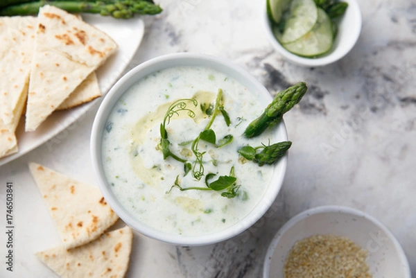Fototapeta Cold yogurt soup with asparagus