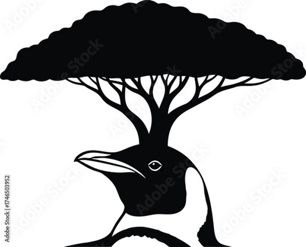 Fototapeta Stylized black silhouette of a penguin with a tree growing from its head on a white background black and white