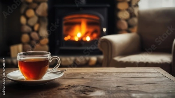 Obraz Cozy Tea by the Fireplace - A Warm Winter Scene.