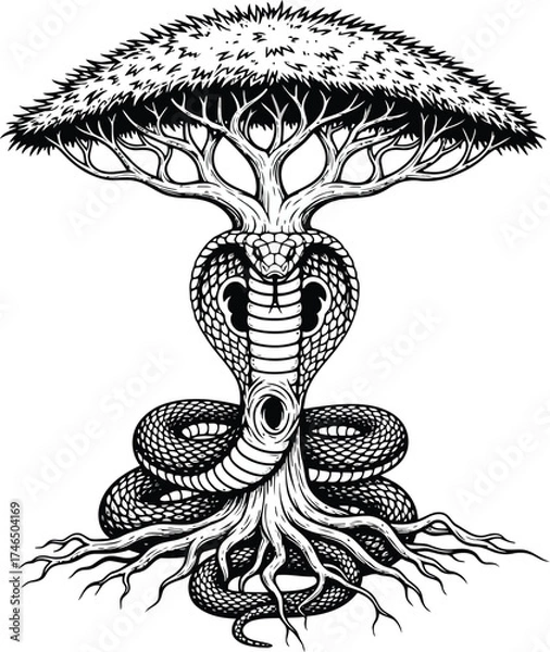 Fototapeta Stylized Tree Of Life With Cobra Wrapped Around Trunk And Roots On White Background snake branches