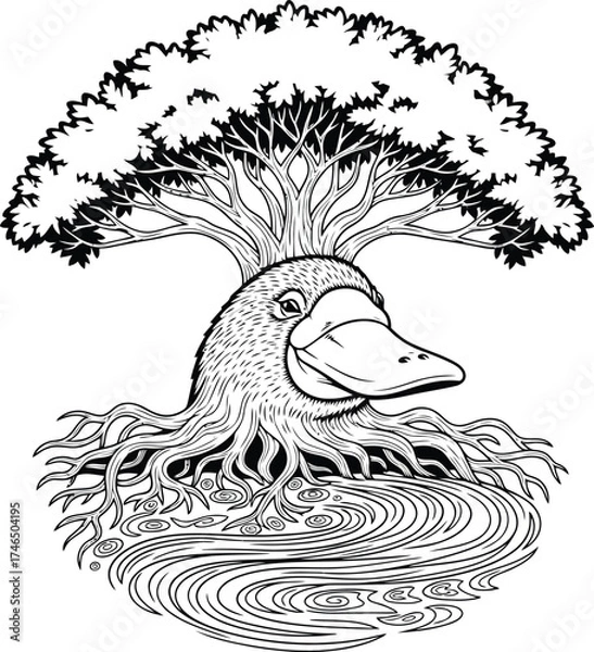 Fototapeta Whimsical black and white illustration of a duck's head with tree branches for a crown and roots in water, symbolizing nature's fusion