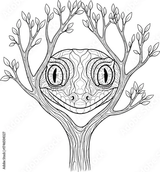 Fototapeta Whimsical Black and White Line Art of a Gecko Face Emerging from Tree Branches lizard animal