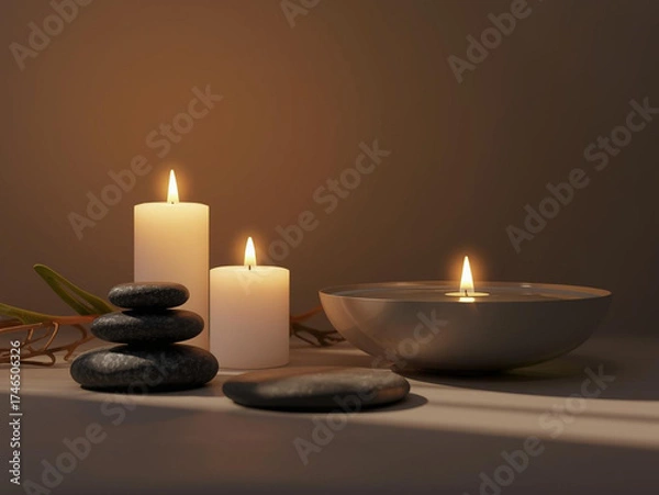 Obraz Spa serenity still life with candles and zen stones arrangement