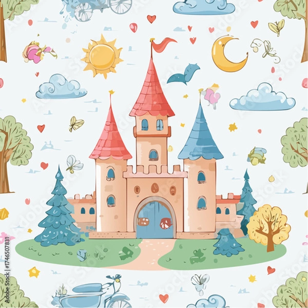 Fototapeta Colorful cartoon castle with surrounding elements for creative design