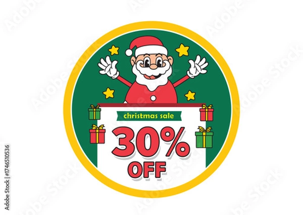 Obraz Cheerful round Christmas sale sign displaying Santa Claus with gifts and a 30 percent discount to attract holiday shoppers