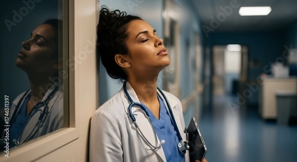 Fototapeta A healthcare professional, in a lab coat and stethoscope, pauses in a quiet hallway. With closed eyes, they reflect on work, conveying exhaustion and resilience needed in healthcare.