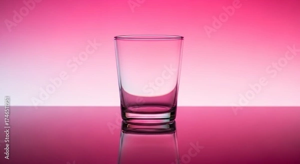 Fototapeta A pristine, empty glass tumbler stands gracefully centered on a glossy, reflective surface, illuminated by a stunning gradient backdrop. The vibrant colors transition smoothly from a soft pink to a ri