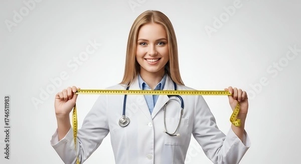 Fototapeta A radiant and approachable healthcare professional, characterized by her warm smile and confident gaze, stands against a pristine white studio background. She is neatly dressed in a traditional white 