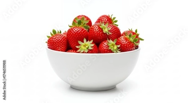Fototapeta A pristine white ceramic bowl overflows with an abundant, vibrant collection of perfectly ripe, glossy red strawberries, each distinguished by its fresh green calyx. The luscious berries, showcasing t