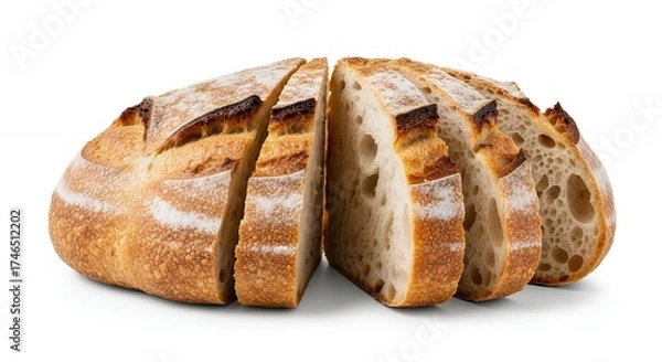 Fototapeta A rustic, round loaf of freshly baked bread, expertly sliced to reveal its inviting, airy crumb and perfectly golden-brown, crispy crust. Each individual slice, gently fanned out and lightly dusted wi