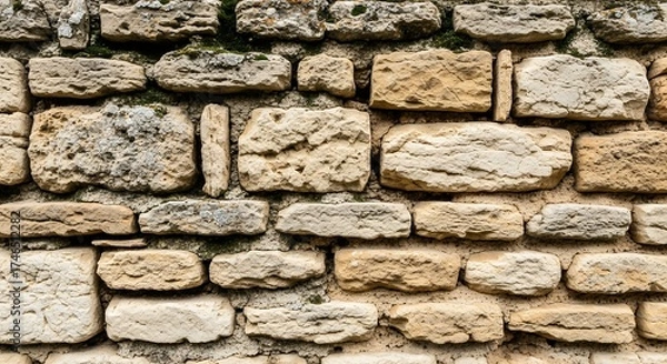 Fototapeta A rustic, weathered stone wall, featuring rough-hewn blocks. Earthy tones blend with green moss and pale lichen in crevices, showcasing age and organic texture. A durable backdrop for construction, he