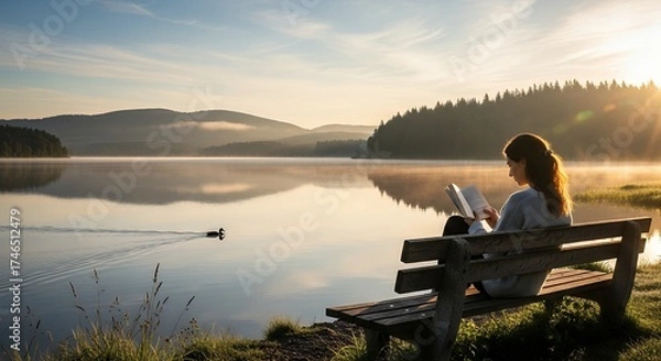 Fototapeta A serene morning unfolds as a person sits on a rustic wooden bench by a tranquil lake, deeply engrossed in reading a book. Golden sunlight streams through the distant trees, casting a warm, ethereal g