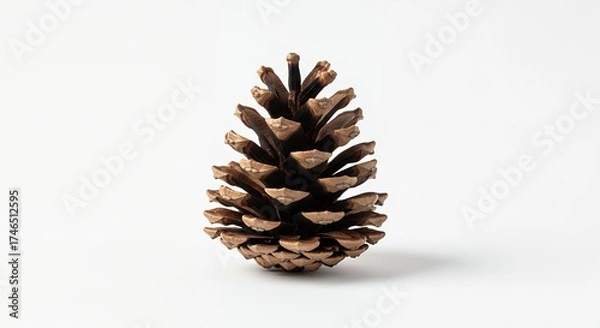 Fototapeta A single, perfectly formed pinecone stands prominently on a pristine white background, captured with crisp detail. Its intricate, textured scales display warm brown hues, emphasizing the organic beaut