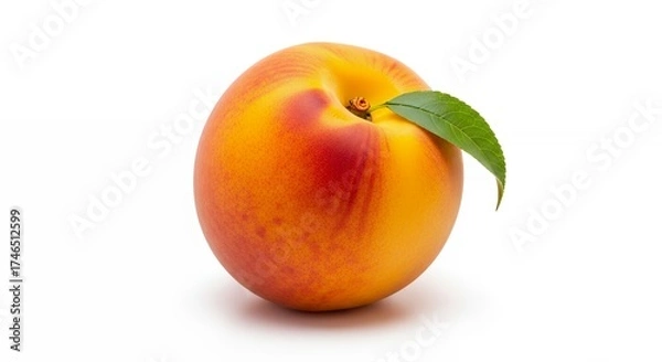 Fototapeta A single, perfectly ripe nectarine stands out against a pristine white background. Its smooth skin displays a beautiful gradient of sun-kissed yellow, vibrant orange, and rich red tones, hinting at it