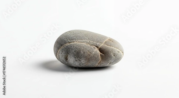 Fototapeta A single, smooth, grey natural stone rests peacefully on a pristine white background, highlighting its unique weathered texture and subtle patterns. Soft, clean studio lighting creates a delicate shad