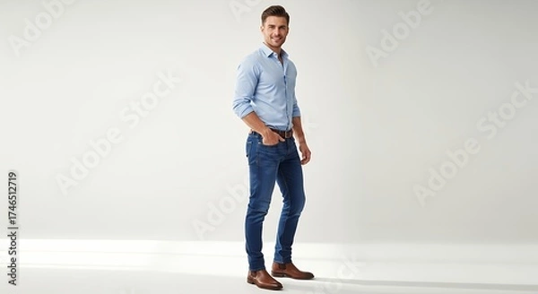 Fototapeta A smiling, attractive man stands confidently in a full-length shot against a bright, clean, minimalist studio background. Dressed in a stylish light blue button-up shirt, classic blue jeans, and fashi