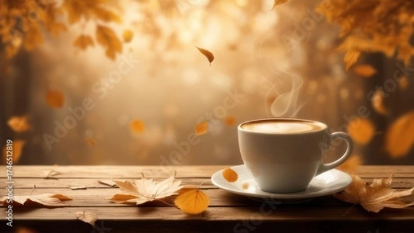 Obraz Steaming coffee cup on a rustic wooden table with falling autumn leaves and warm bokeh background.