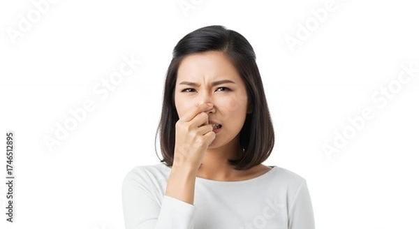 Fototapeta A studio portrait captures an individual expressing strong displeasure, pinching their nose with one hand to block an unpleasant odor. The person's face conveys clear disgust and discomfort, with eyes