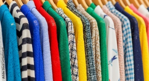 Fototapeta A vibrant and diverse collection of colorful garments hangs neatly on wooden hangers, showcasing an array of textures, patterns, and hues. From soft knitted sweaters in shades of blue and red to intri
