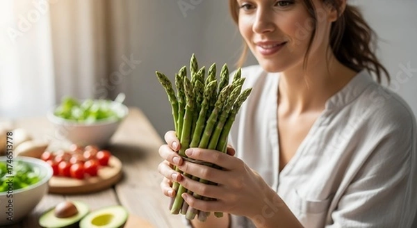 Fototapeta A vibrant, close-up image captures a smiling individual holding a fresh, green bunch of asparagus, radiating a sense of health and natural living. Warm natural light bathes the scene, accentuating the