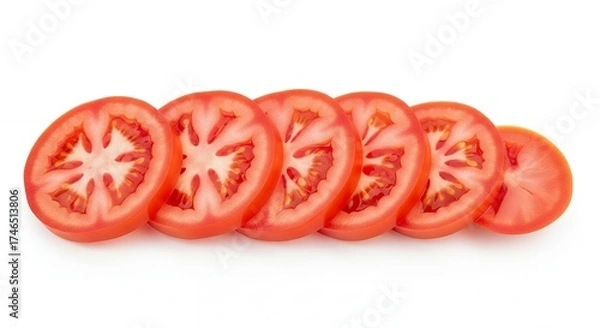 Fototapeta A vibrant, close-up studio shot features perfectly cut, fresh tomato slices arranged neatly in a row against a clean white background. Each translucent slice showcases its juicy red flesh, subtle skin