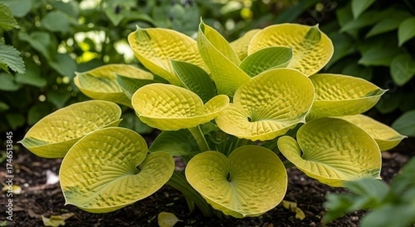 Fototapeta A vibrant cluster of broad, chartreuse-colored leaves with prominent, deeply textured veins emerges from dark, rich soil in a lush garden setting. The large, heart-shaped foliage exhibits a stunning g