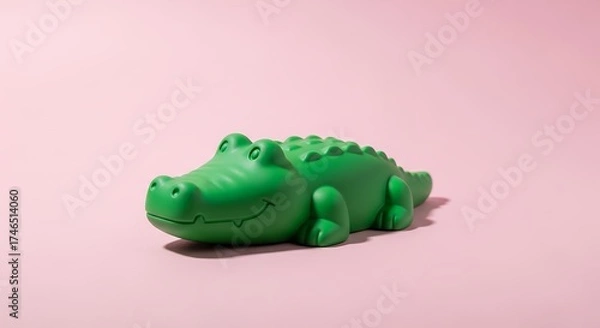 Fototapeta A vibrant green toy reptile, resembling a cheerful crocodile or alligator, lies peacefully on a clean, soft pastel pink background. This charming, cartoon-like plastic figure features a friendly, smil